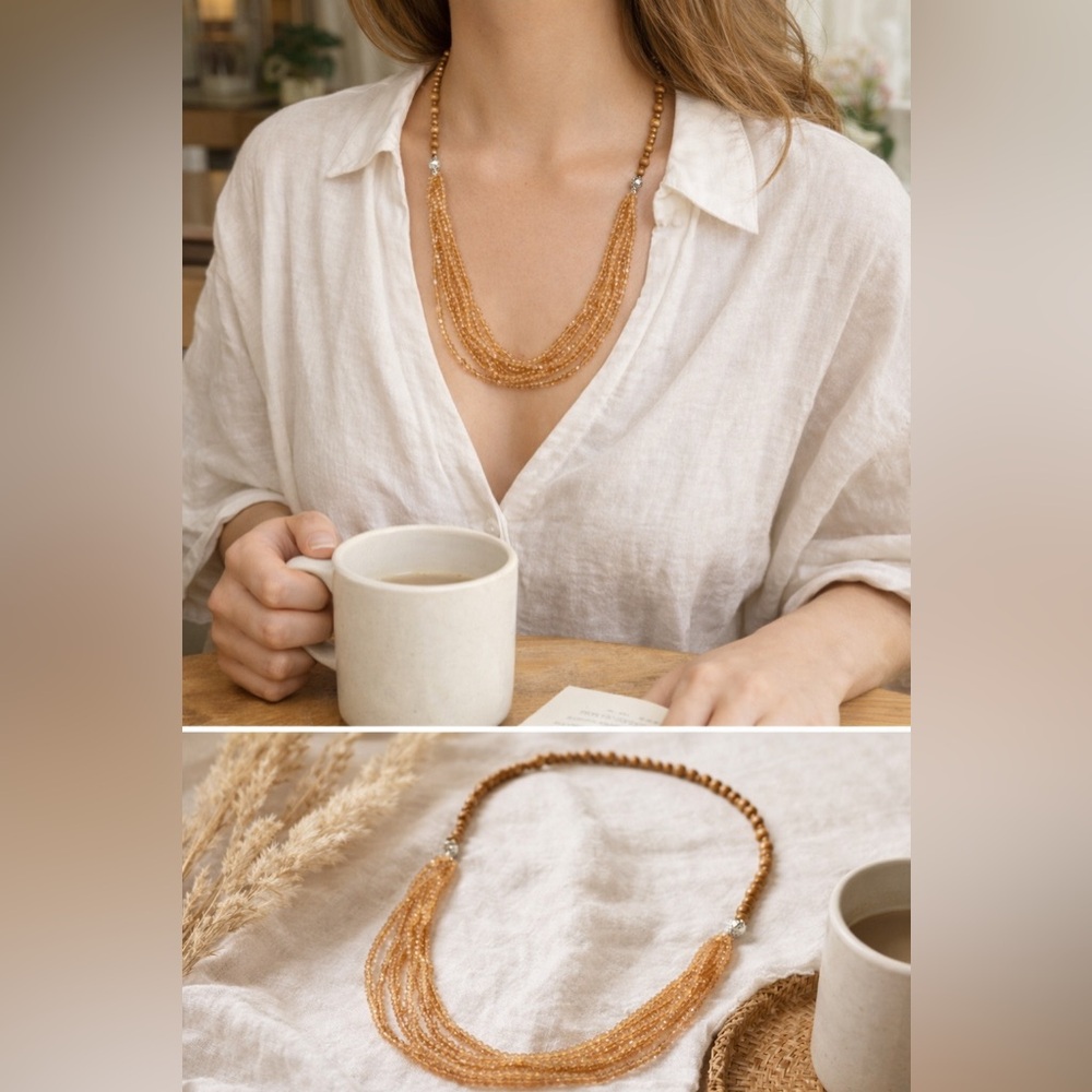 Wooden Jasper & Smoky Quartz Multi-Strand Necklace | Boho Neutral - Picture 3 of 10